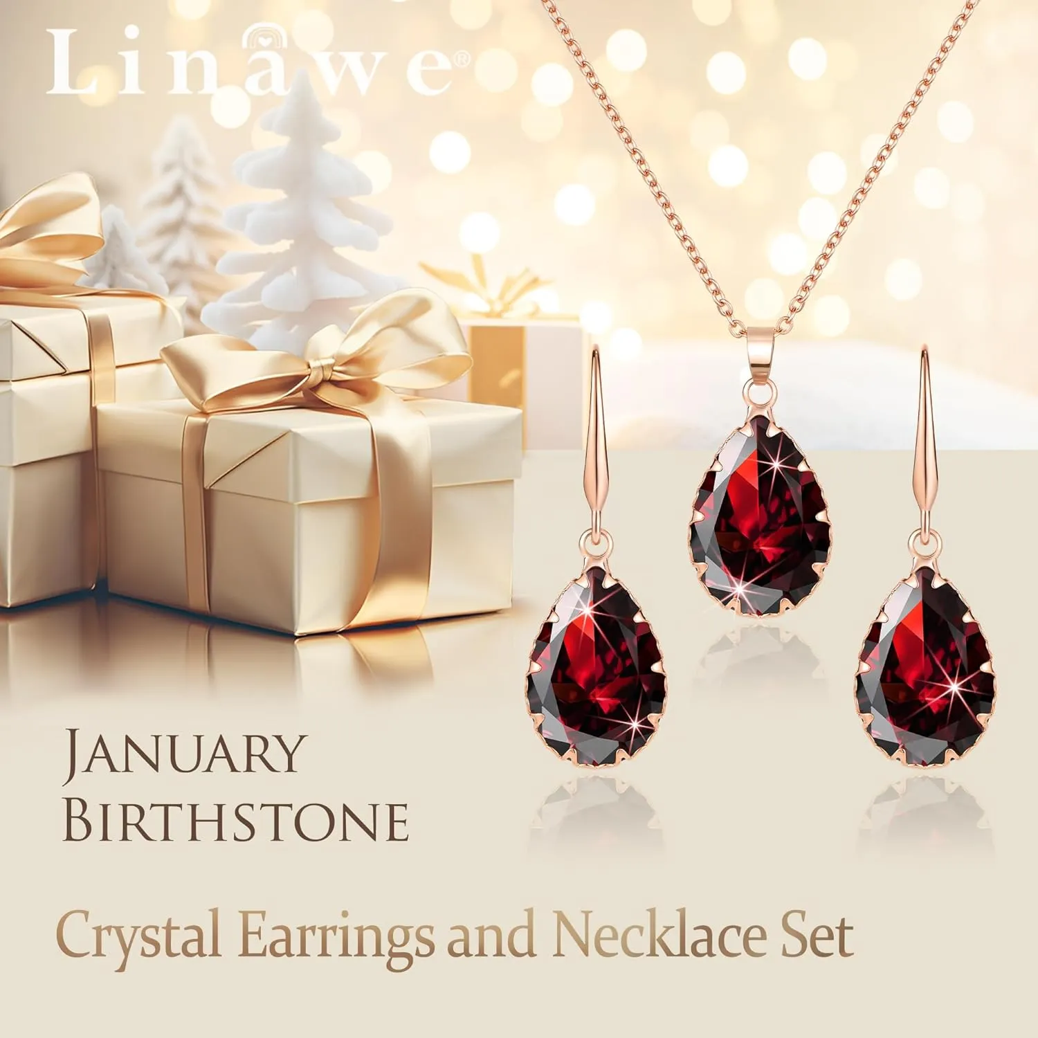 Linawe Crystal Jewelry Sets for Women, Imitation Diamond Pendant Necklace, Rhinestone Drop Dangle Earrings, Birthstone Cubic Zirconia Matching Wedding Jewelry, 14K Gold/Rose Gold/Silver Tones