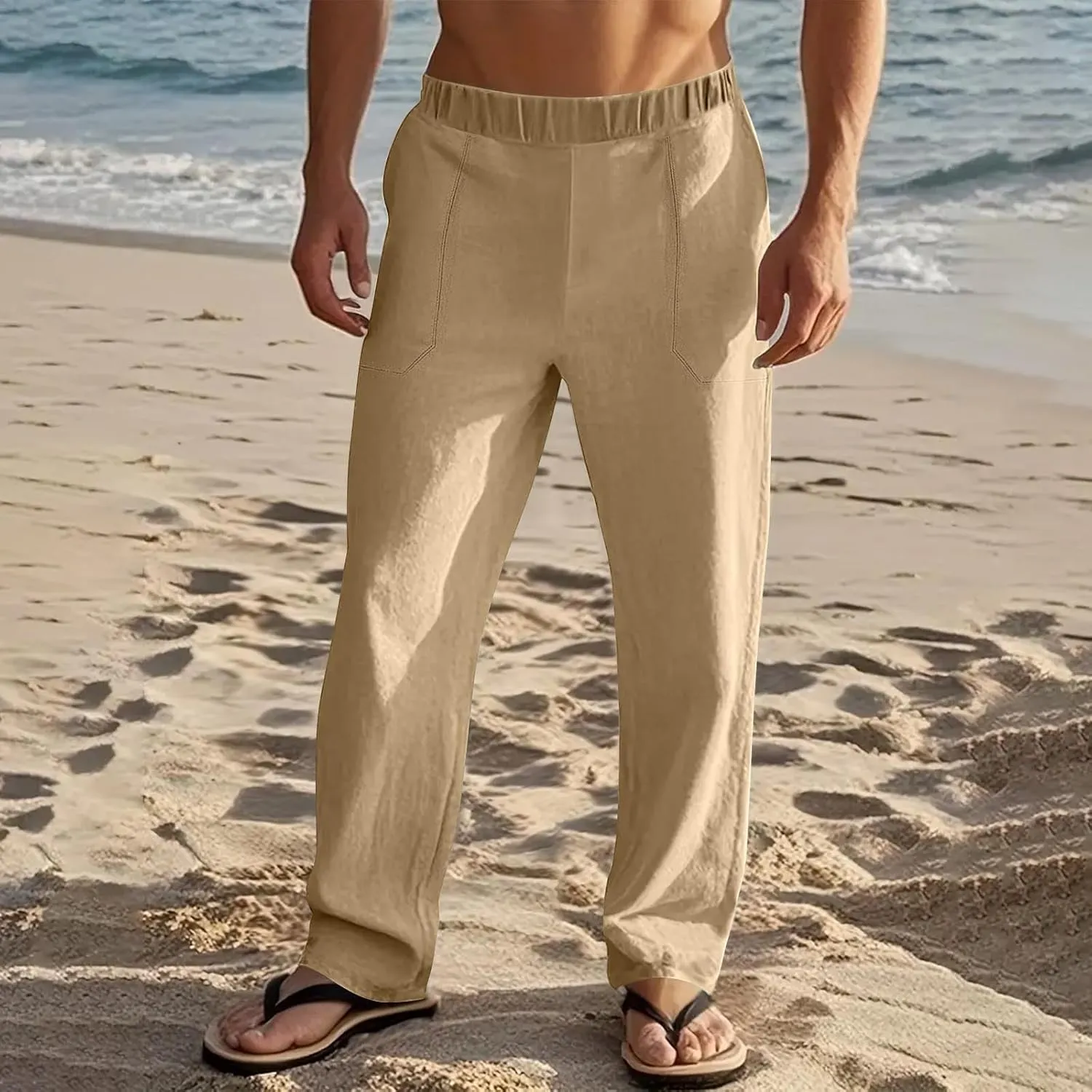 Linen Pants Men Casual Drawstring Loose Fit Beach Summer Pants with Pockets Lightweight Comfy Yoga Trousers