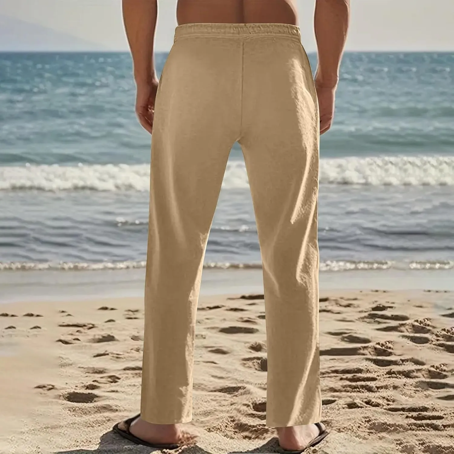 Linen Pants Men Casual Drawstring Loose Fit Beach Summer Pants with Pockets Lightweight Comfy Yoga Trousers