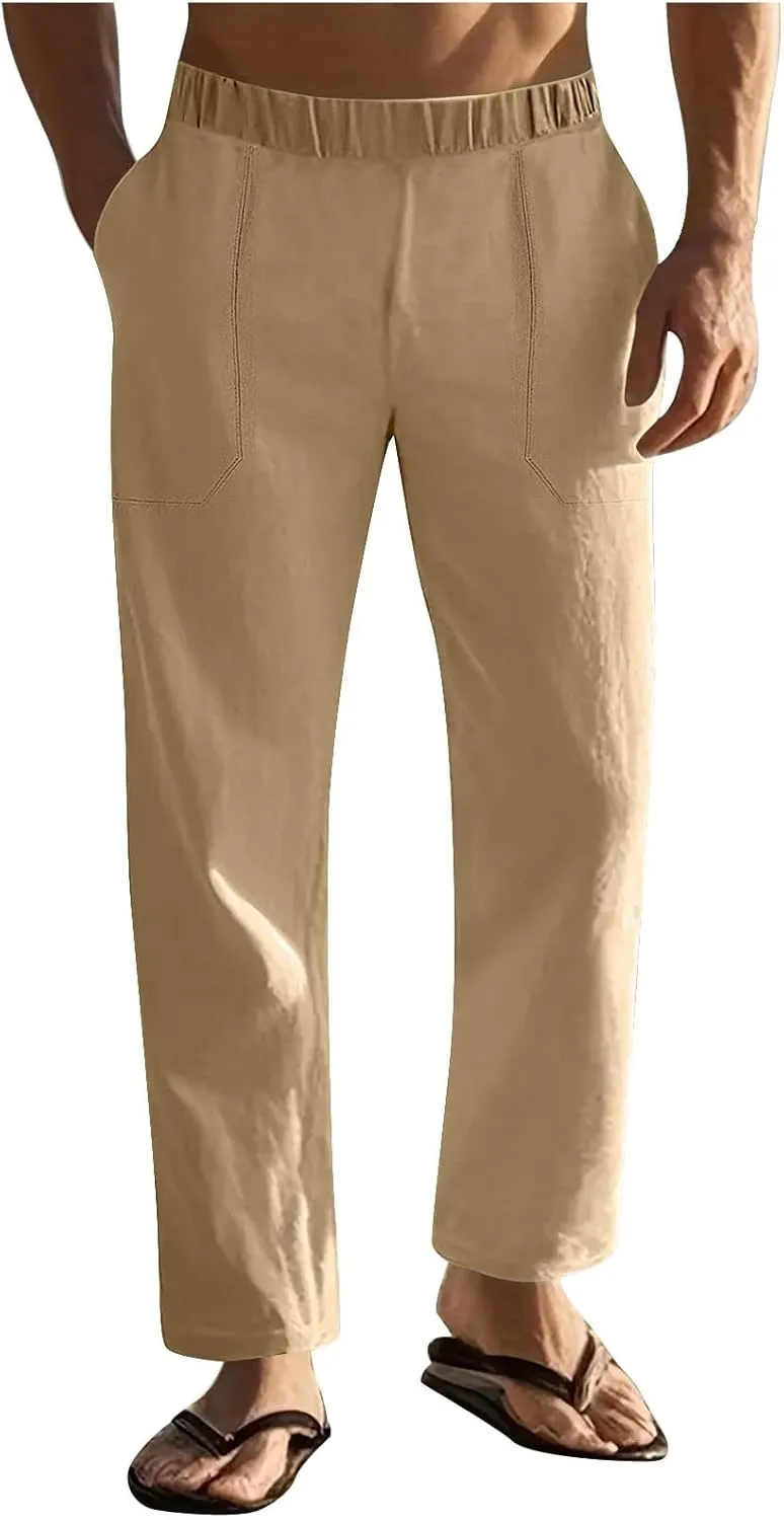 Linen Pants Men Casual Drawstring Loose Fit Beach Summer Pants with Pockets Lightweight Comfy Yoga Trousers