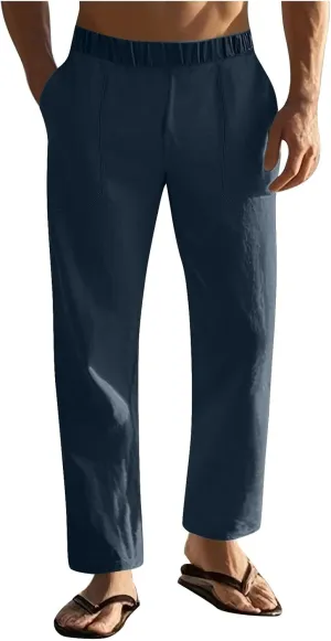 Linen Pants Men Casual Drawstring Loose Fit Beach Summer Pants with Pockets Lightweight Comfy Yoga Trousers