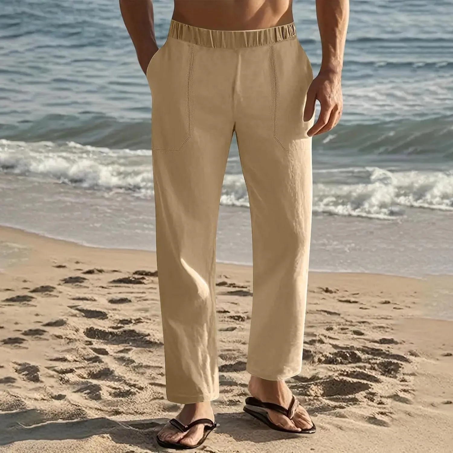 Linen Pants Men Casual Drawstring Loose Fit Beach Summer Pants with Pockets Lightweight Comfy Yoga Trousers