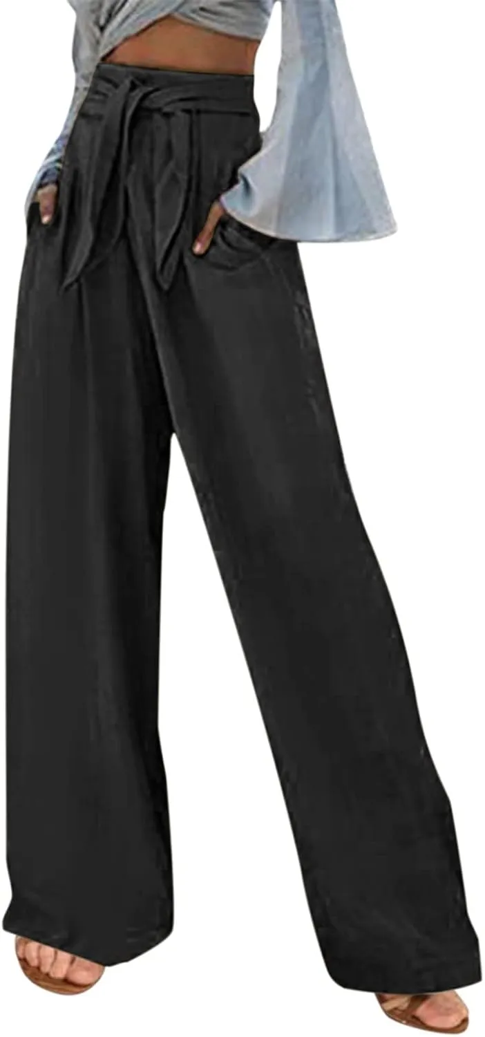 Linen Pants Women Summer Loose Fit Comfy Cotton Trousers Women's Cotton Linen Capri Pants Wide Leg Elastic Beach Pant