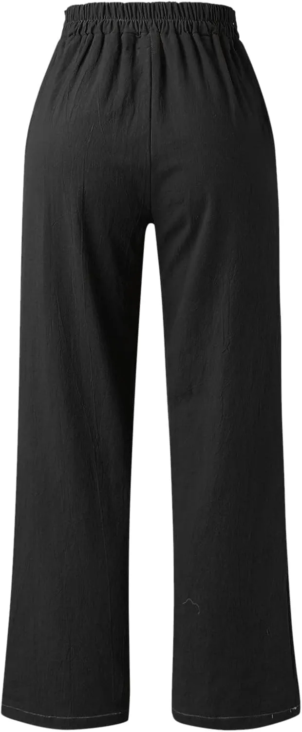Linen Pants Women Summer Loose Fit Comfy Cotton Trousers Women's Cotton Linen Capri Pants Wide Leg Elastic Beach Pant