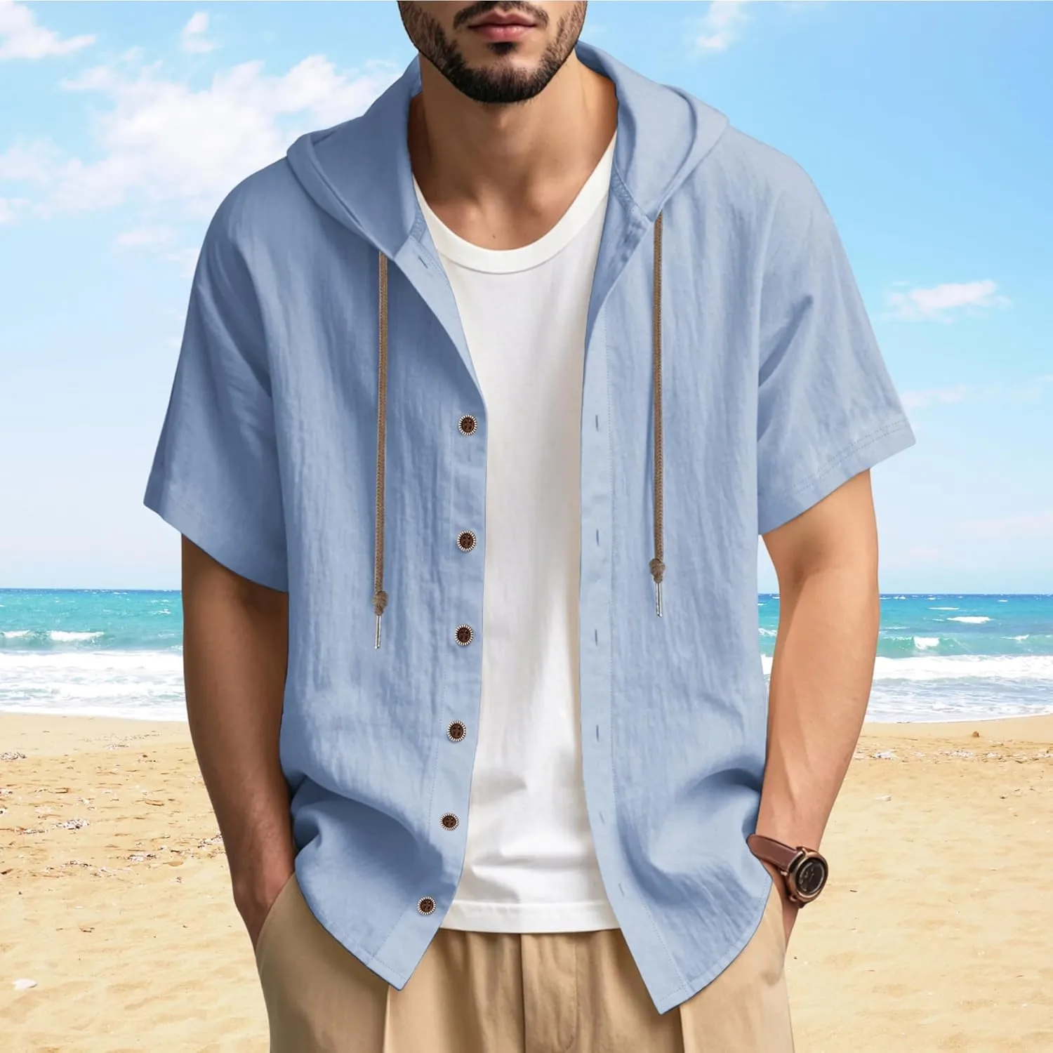 Linen Shirts for Men Button Down Short Sleeve Shirts Western Hooded Sun Shirts Lighweight Casual Loose Beach Top