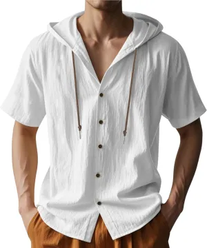 Linen Shirts for Men Button Down Short Sleeve Shirts Western Hooded Sun Shirts Lighweight Casual Loose Beach Top