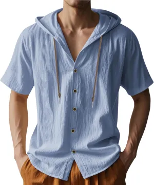 Linen Shirts for Men Button Down Short Sleeve Shirts Western Hooded Sun Shirts Lighweight Casual Loose Beach Top