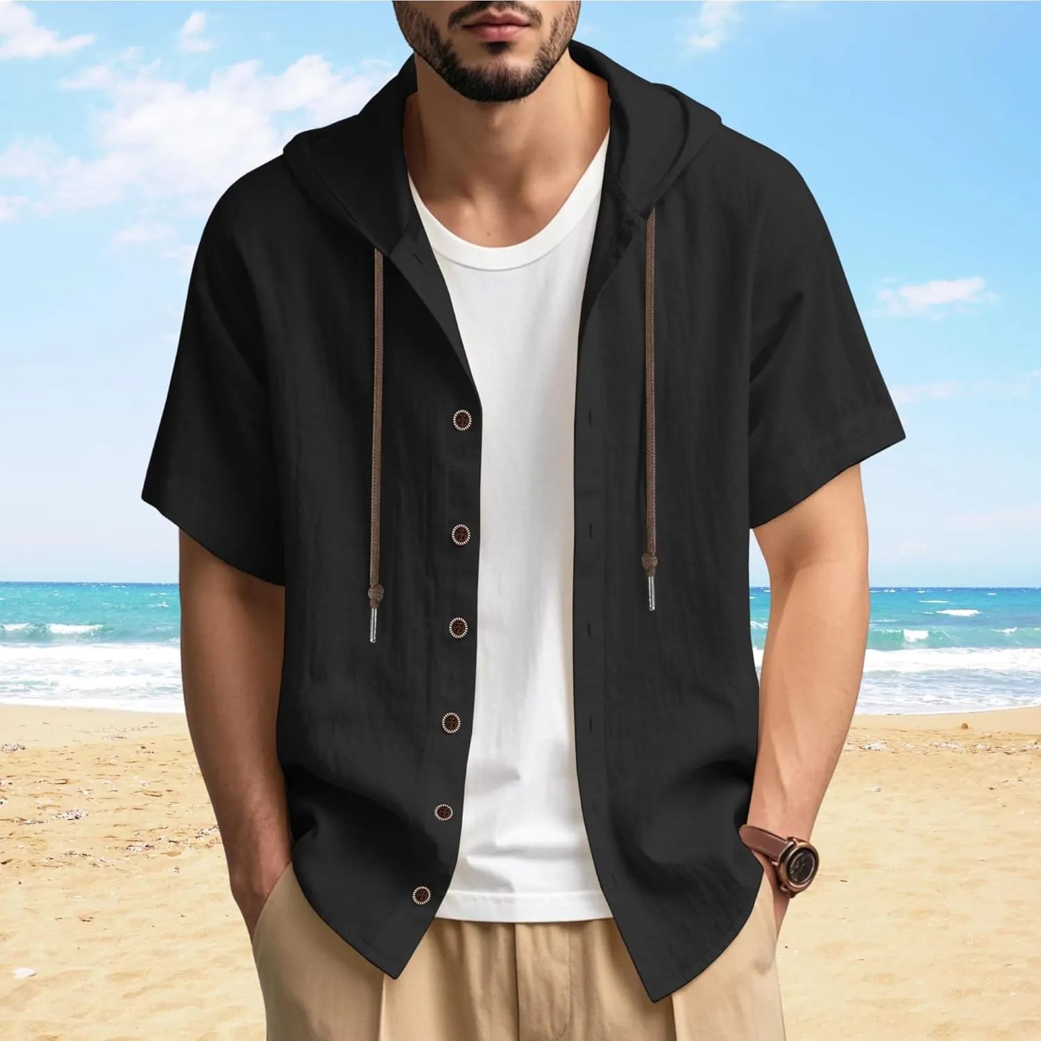 Linen Shirts for Men Button Down Short Sleeve Shirts Western Hooded Sun Shirts Lighweight Casual Loose Beach Top