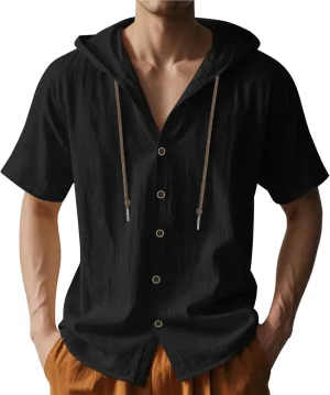 Linen Shirts for Men Button Down Short Sleeve Shirts Western Hooded Sun Shirts Lighweight Casual Loose Beach Top