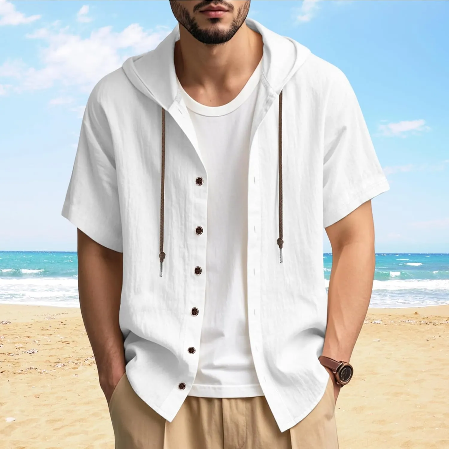Linen Shirts for Men Button Down Short Sleeve Shirts Western Hooded Sun Shirts Lighweight Casual Loose Beach Top