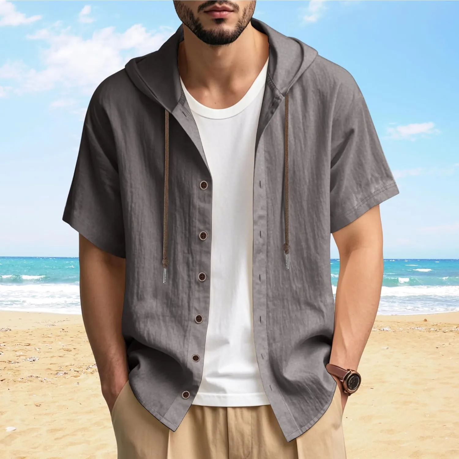 Linen Shirts for Men Button Down Short Sleeve Shirts Western Hooded Sun Shirts Lighweight Casual Loose Beach Top
