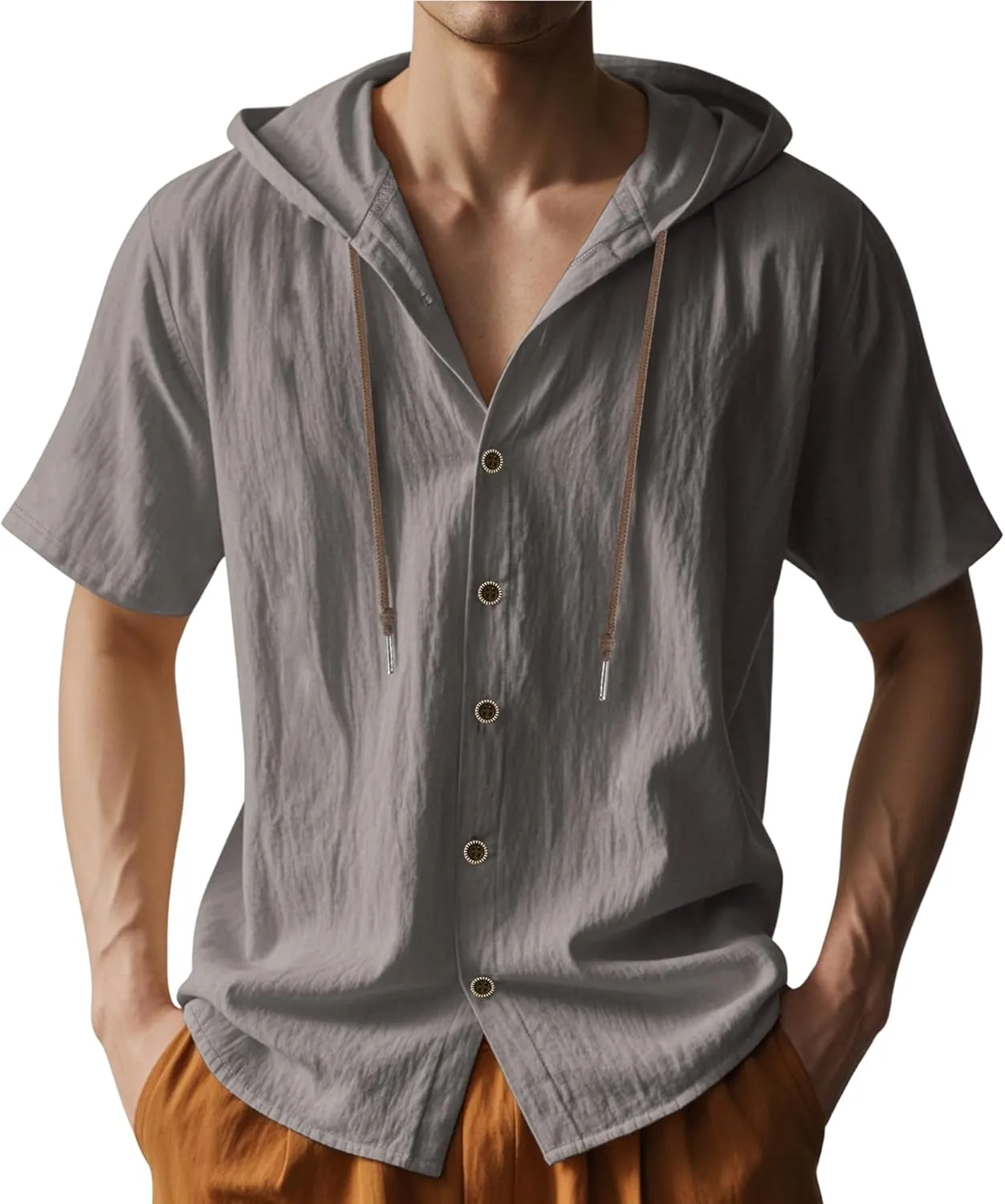Linen Shirts for Men Button Down Short Sleeve Shirts Western Hooded Sun Shirts Lighweight Casual Loose Beach Top