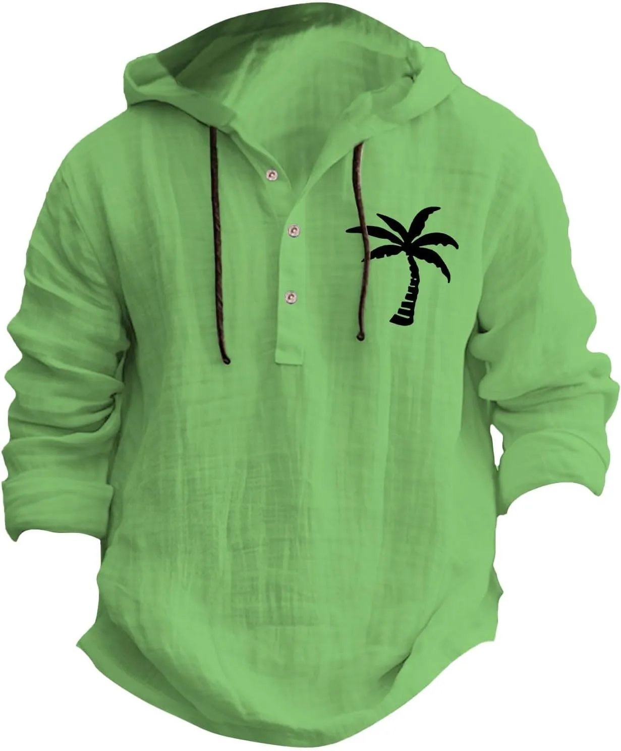 Linen Shirts for Men Coconut Tree Button Up Long Sleeve Shirt with Hood Loose Fit Breathable Boho Beach Linen Hoodie