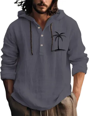 Linen Shirts for Men Coconut Tree Button Up Long Sleeve Shirt with Hood Loose Fit Breathable Boho Beach Linen Hoodie