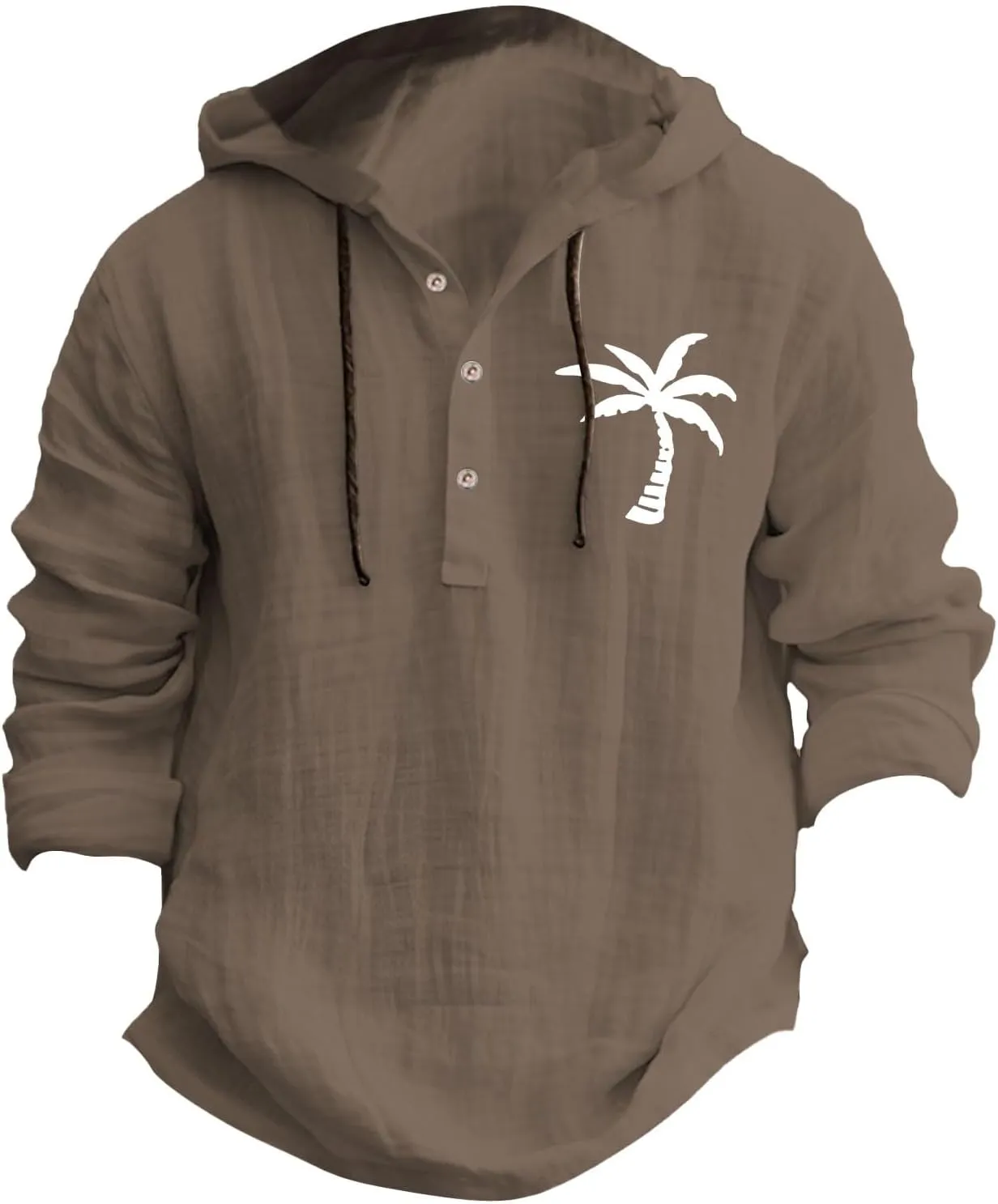 Linen Shirts for Men Coconut Tree Button Up Long Sleeve Shirt with Hood Loose Fit Breathable Boho Beach Linen Hoodie