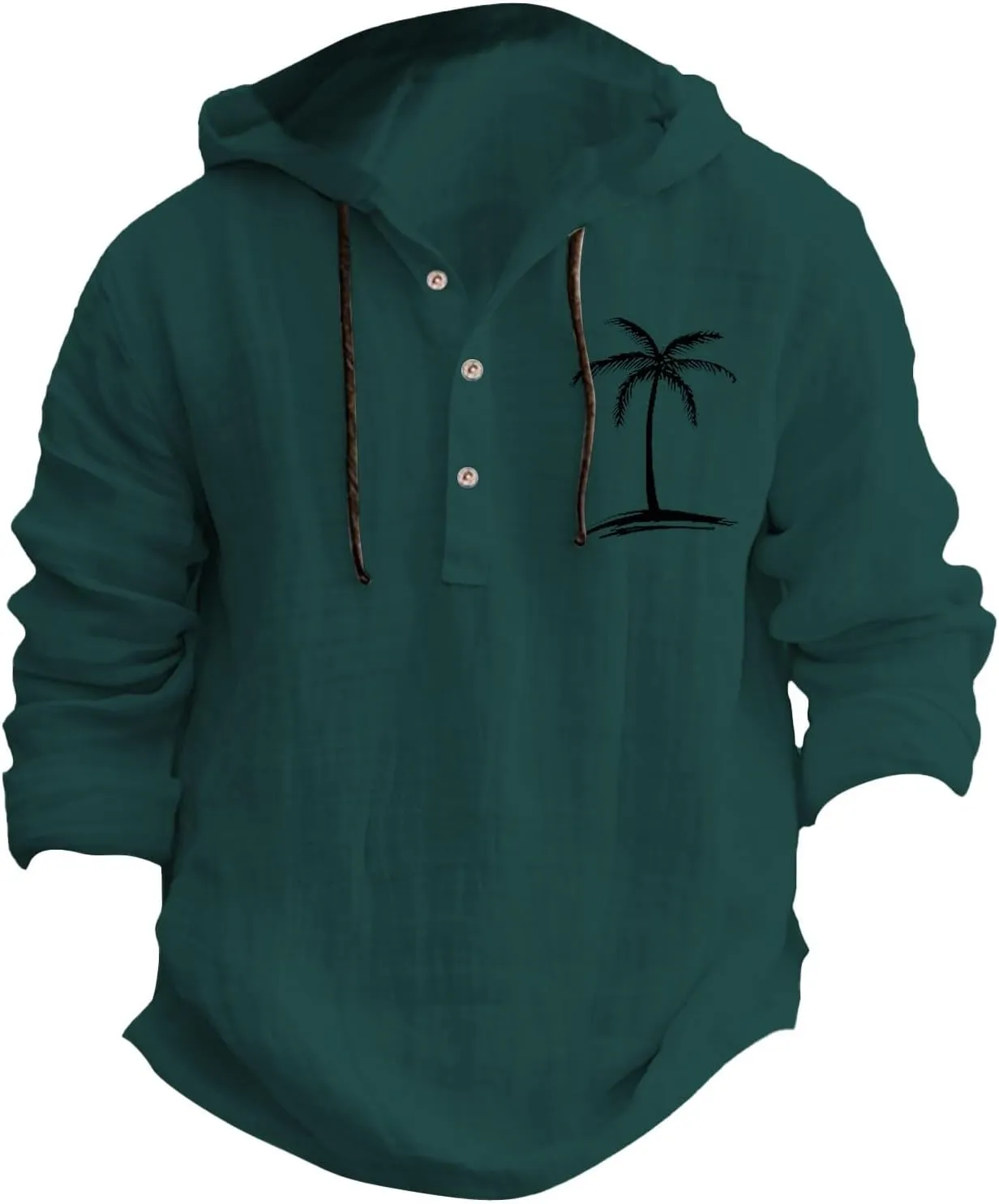 Linen Shirts for Men Coconut Tree Button Up Long Sleeve Shirt with Hood Loose Fit Breathable Boho Beach Linen Hoodie