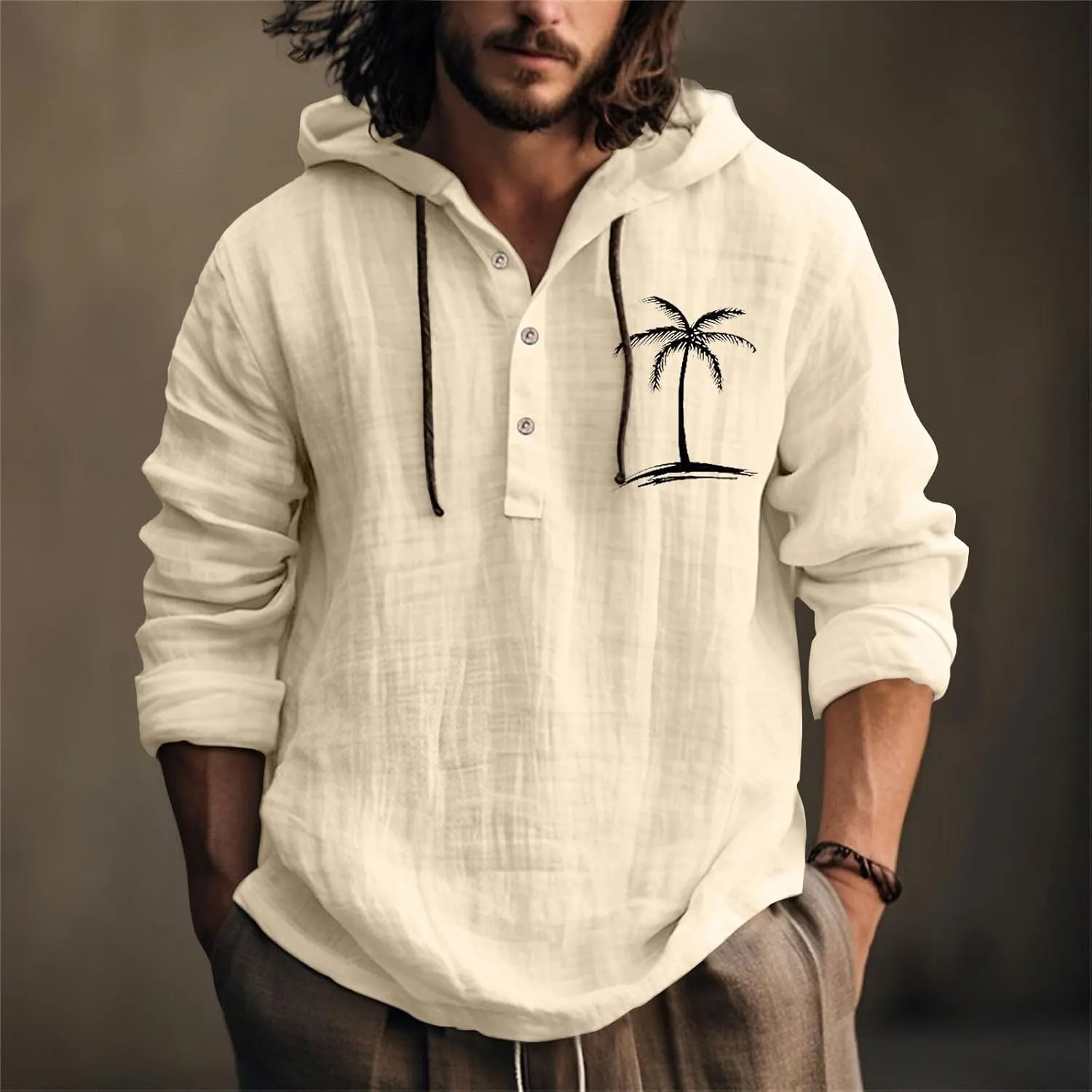 Linen Shirts for Men Coconut Tree Button Up Long Sleeve Shirt with Hood Loose Fit Breathable Boho Beach Linen Hoodie