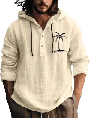 Linen Shirts for Men Coconut Tree Button Up Long Sleeve Shirt with Hood Loose Fit Breathable Boho Beach Linen Hoodie