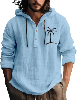 Linen Shirts for Men Coconut Tree Button Up Long Sleeve Shirt with Hood Loose Fit Breathable Boho Beach Linen Hoodie