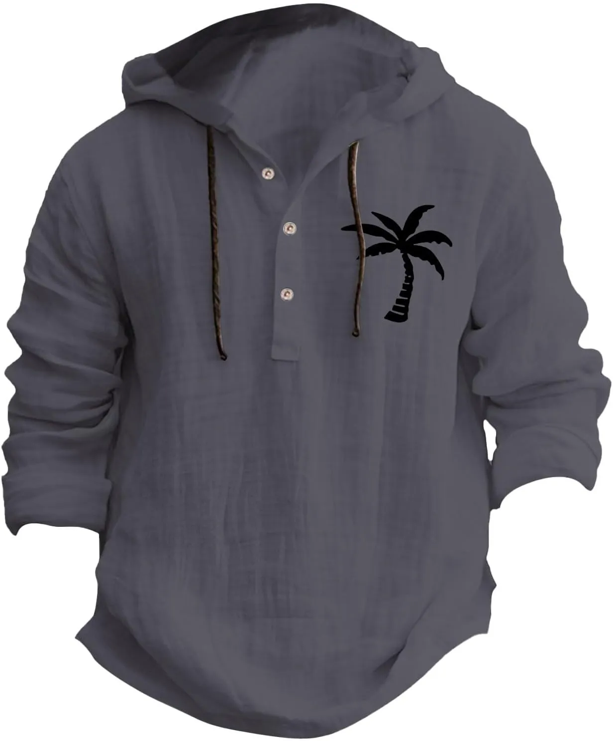 Linen Shirts for Men Coconut Tree Button Up Long Sleeve Shirt with Hood Loose Fit Breathable Boho Beach Linen Hoodie