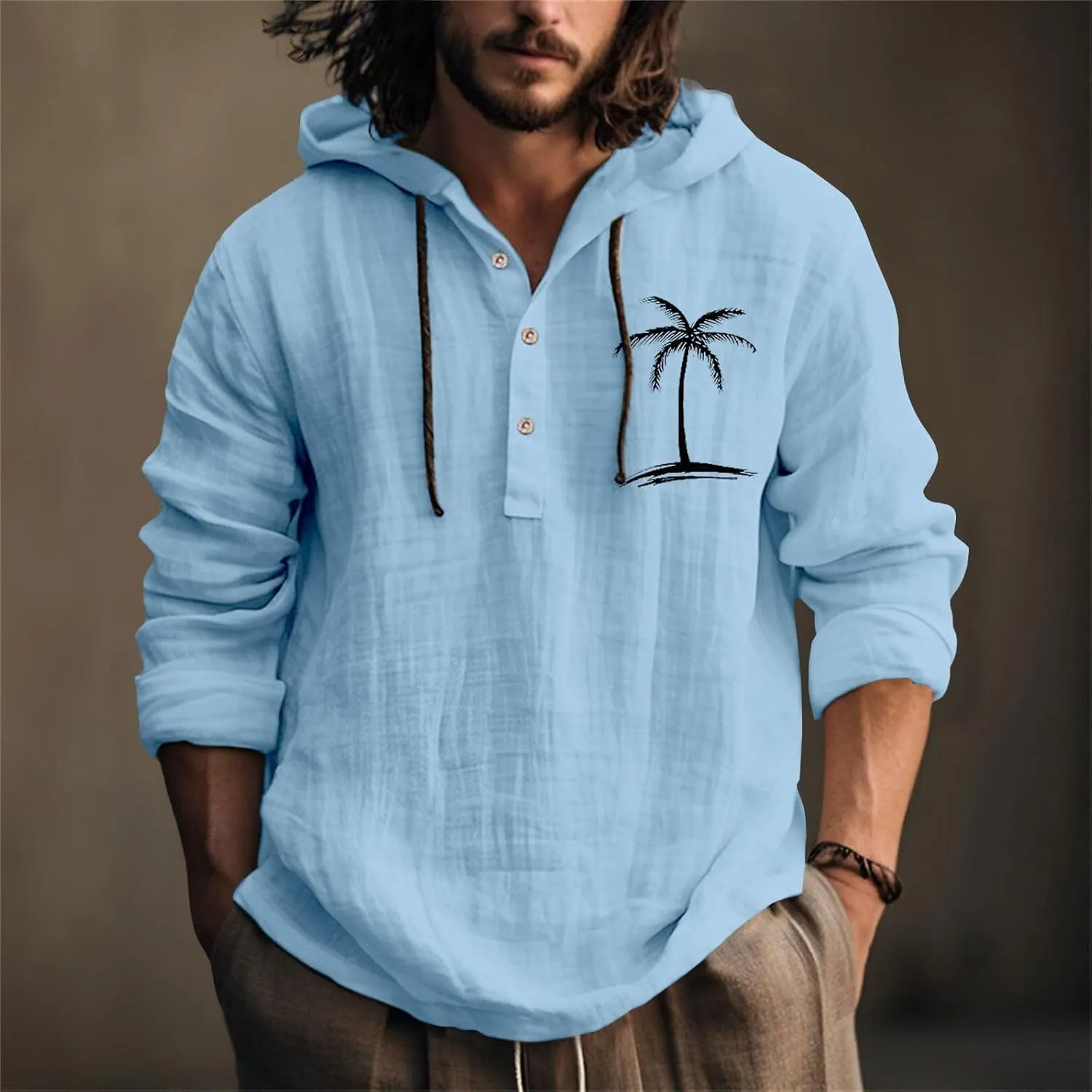 Linen Shirts for Men Coconut Tree Button Up Long Sleeve Shirt with Hood Loose Fit Breathable Boho Beach Linen Hoodie