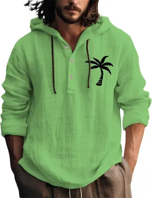Linen Shirts for Men Coconut Tree Button Up Long Sleeve Shirt with Hood Loose Fit Breathable Boho Beach Linen Hoodie