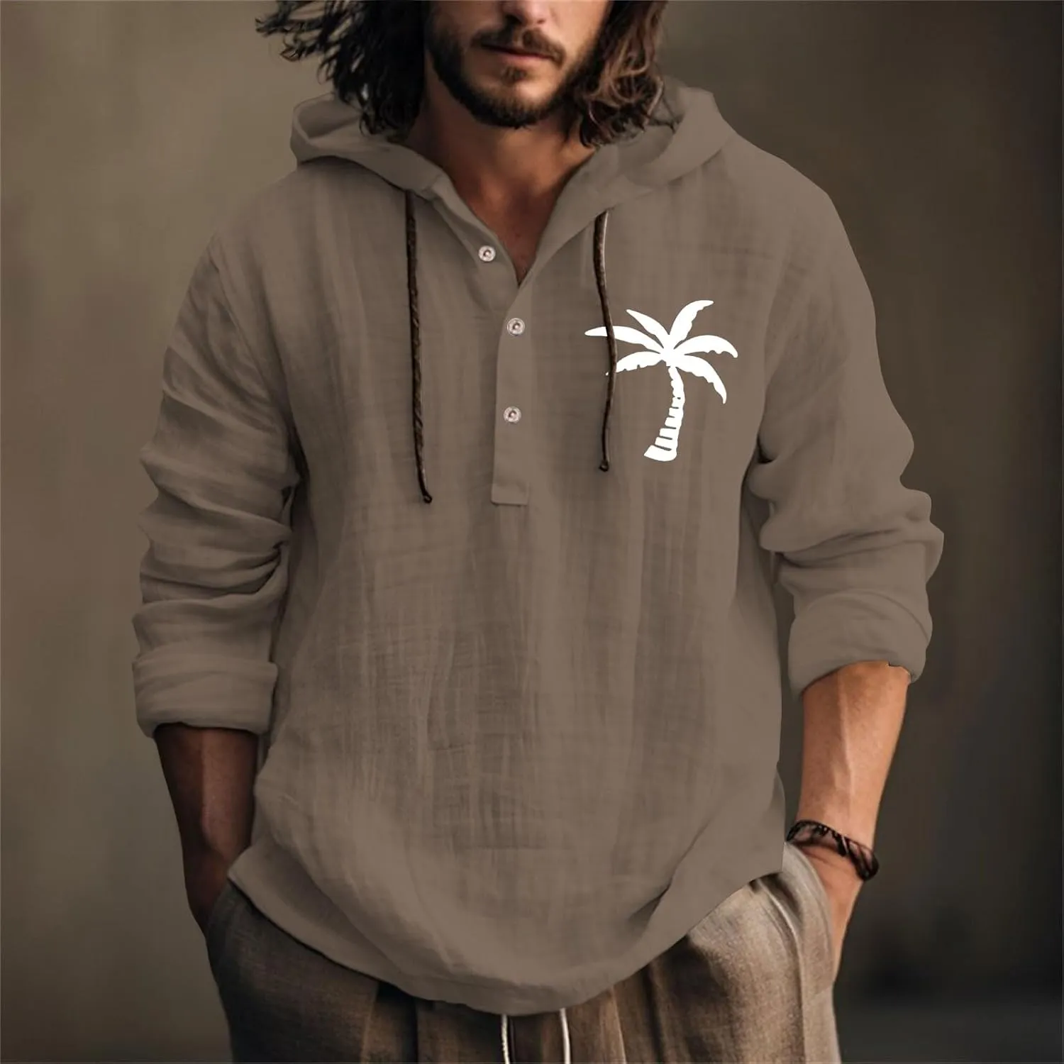Linen Shirts for Men Coconut Tree Button Up Long Sleeve Shirt with Hood Loose Fit Breathable Boho Beach Linen Hoodie