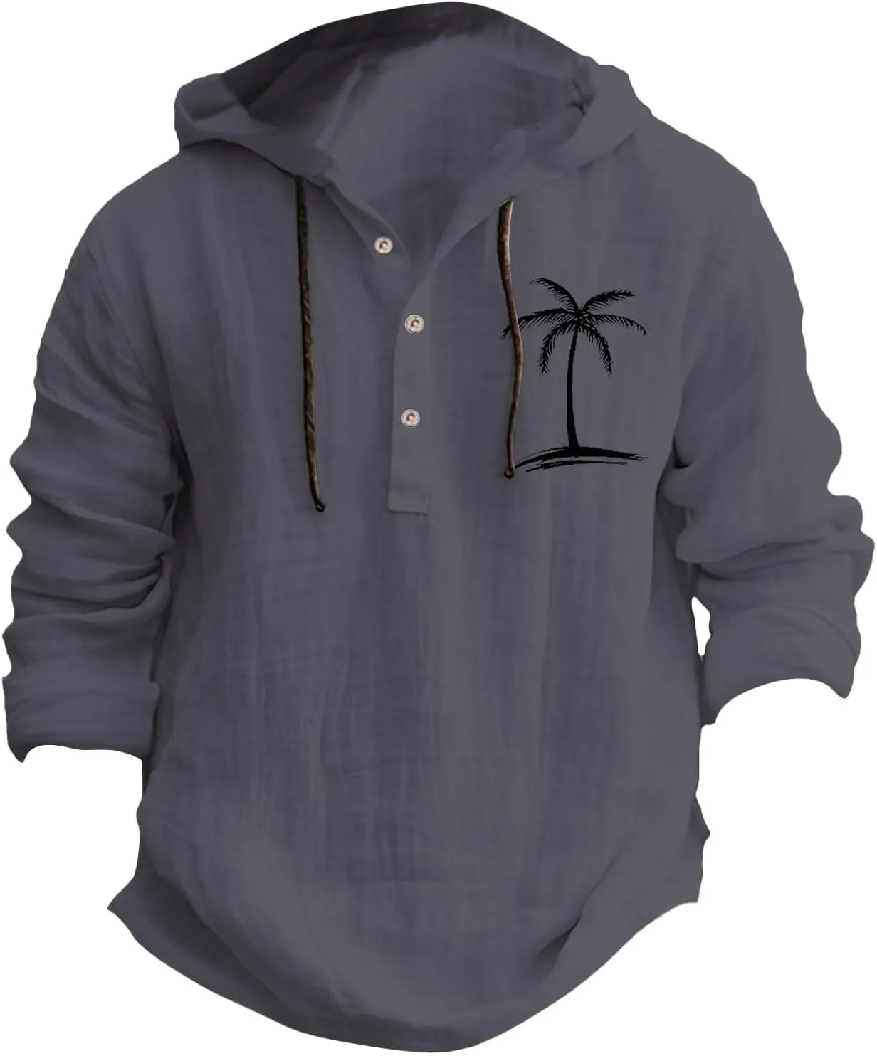 Linen Shirts for Men Coconut Tree Button Up Long Sleeve Shirt with Hood Loose Fit Breathable Boho Beach Linen Hoodie