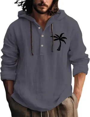 Linen Shirts for Men Coconut Tree Button Up Long Sleeve Shirt with Hood Loose Fit Breathable Boho Beach Linen Hoodie