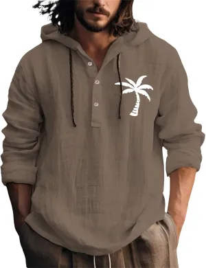 Linen Shirts for Men Coconut Tree Button Up Long Sleeve Shirt with Hood Loose Fit Breathable Boho Beach Linen Hoodie