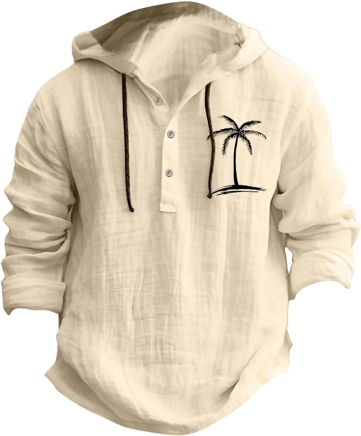 Linen Shirts for Men Coconut Tree Button Up Long Sleeve Shirt with Hood Loose Fit Breathable Boho Beach Linen Hoodie