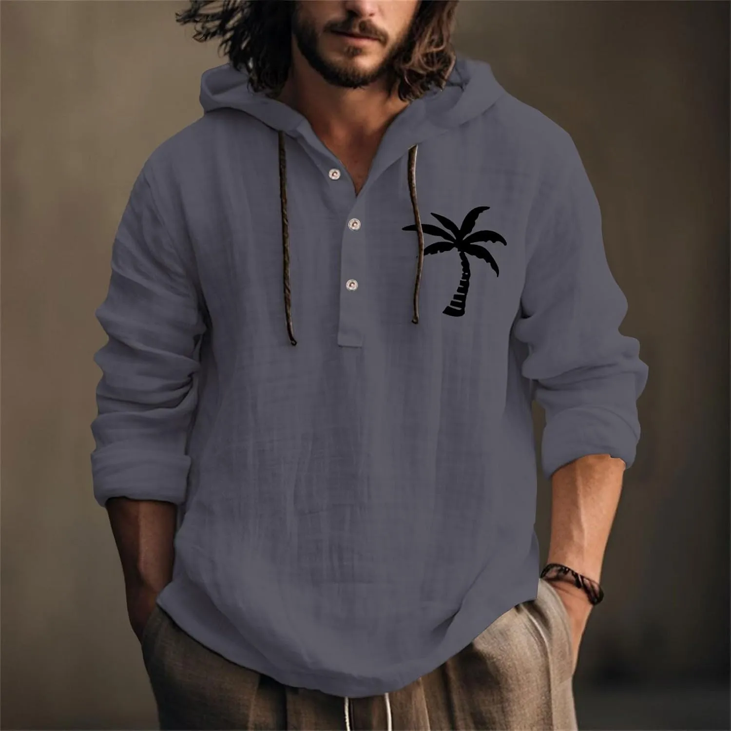 Linen Shirts for Men Coconut Tree Button Up Long Sleeve Shirt with Hood Loose Fit Breathable Boho Beach Linen Hoodie