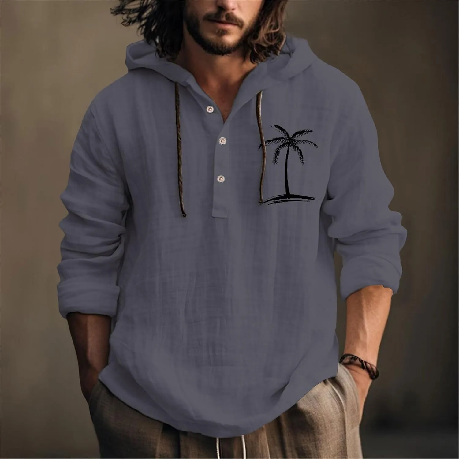 Linen Shirts for Men Coconut Tree Button Up Long Sleeve Shirt with Hood Loose Fit Breathable Boho Beach Linen Hoodie