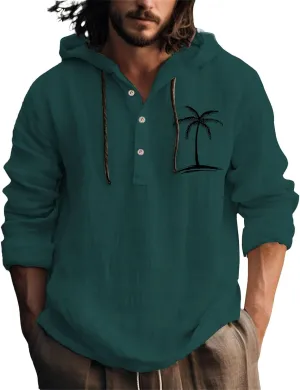 Linen Shirts for Men Coconut Tree Button Up Long Sleeve Shirt with Hood Loose Fit Breathable Boho Beach Linen Hoodie