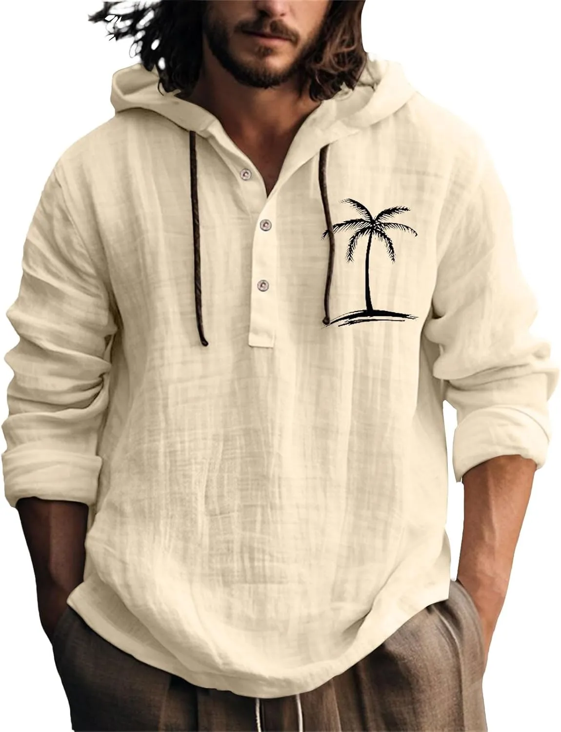 Linen Shirts for Men Coconut Tree Button Up Long Sleeve Shirt with Hood Loose Fit Breathable Boho Beach Linen Hoodie