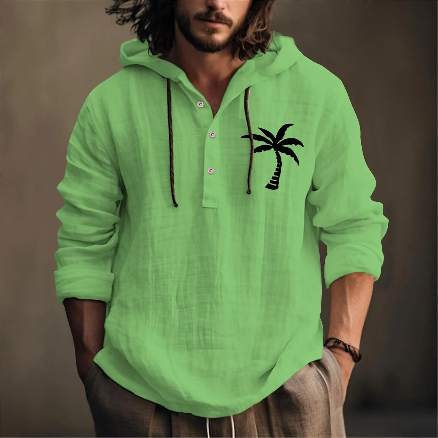 Linen Shirts for Men Coconut Tree Button Up Long Sleeve Shirt with Hood Loose Fit Breathable Boho Beach Linen Hoodie