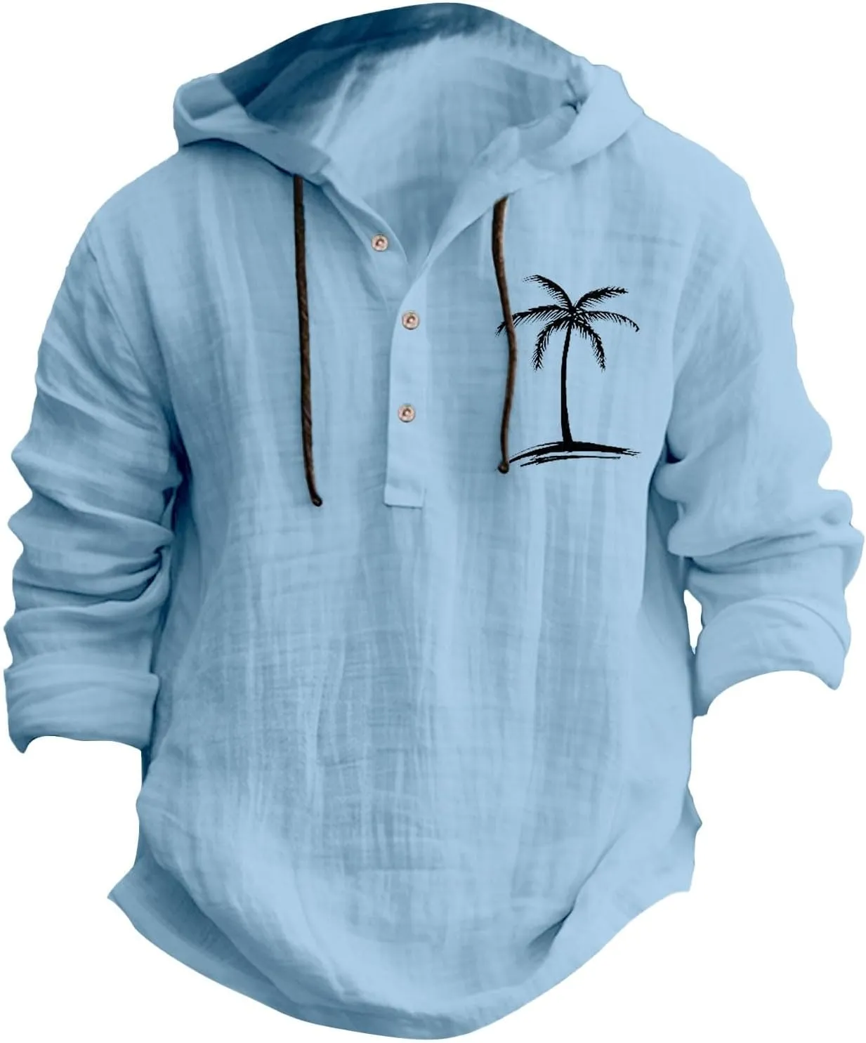 Linen Shirts for Men Coconut Tree Button Up Long Sleeve Shirt with Hood Loose Fit Breathable Boho Beach Linen Hoodie