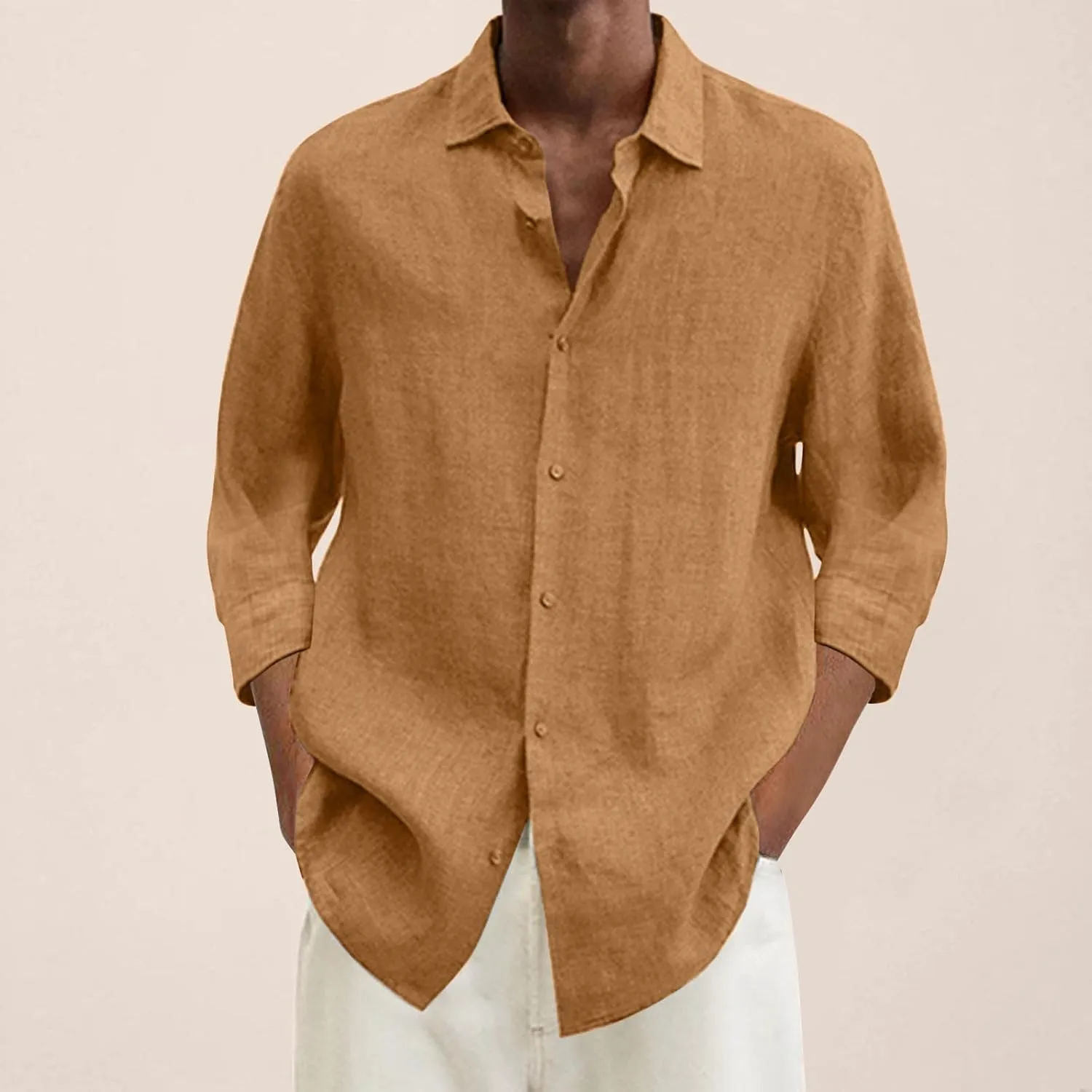 Linen Shirts for Men Solid Button Down 3/4 Sleeve Shirt Lightweight Breathable Lapel Top Summer Casual Beach Clothes