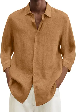 Linen Shirts for Men Solid Button Down 3/4 Sleeve Shirt Lightweight Breathable Lapel Top Summer Casual Beach Clothes
