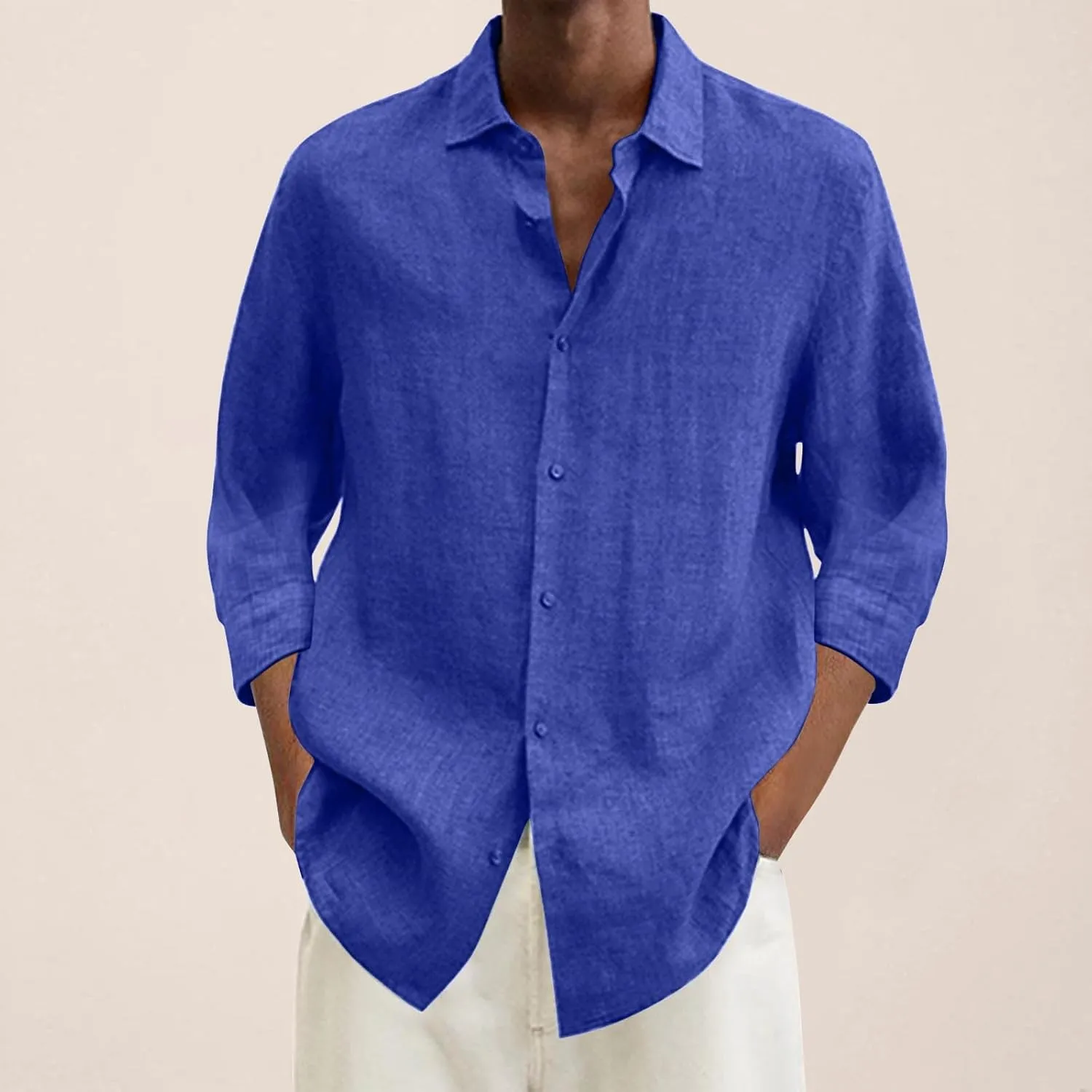 Linen Shirts for Men Solid Button Down 3/4 Sleeve Shirt Lightweight Breathable Lapel Top Summer Casual Beach Clothes