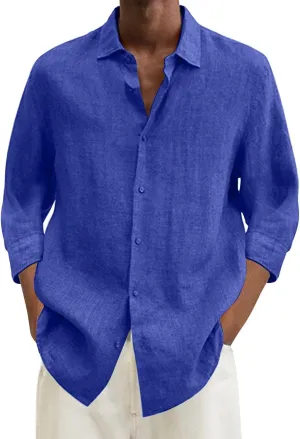 Linen Shirts for Men Solid Button Down 3/4 Sleeve Shirt Lightweight Breathable Lapel Top Summer Casual Beach Clothes