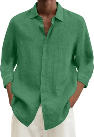 Linen Shirts for Men Solid Button Down 3/4 Sleeve Shirt Lightweight Breathable Lapel Top Summer Casual Beach Clothes