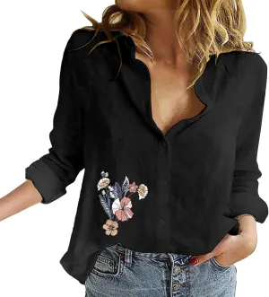 Linen Shirts for Women Summer Boho Floral Print Tops Elegant V Neck Button Casual Cotton Linen T Shirt Long Sleeve