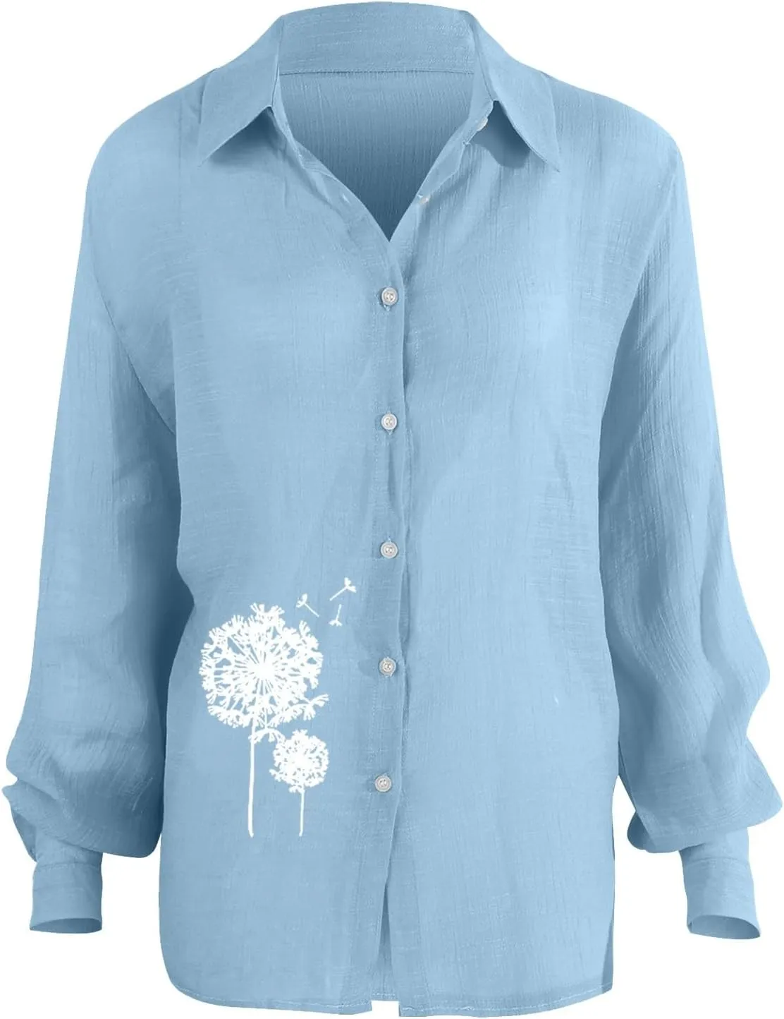 Linen Shirts for Women Summer Boho Floral Print Tops Elegant V Neck Button Casual Cotton Linen T Shirt Long Sleeve
