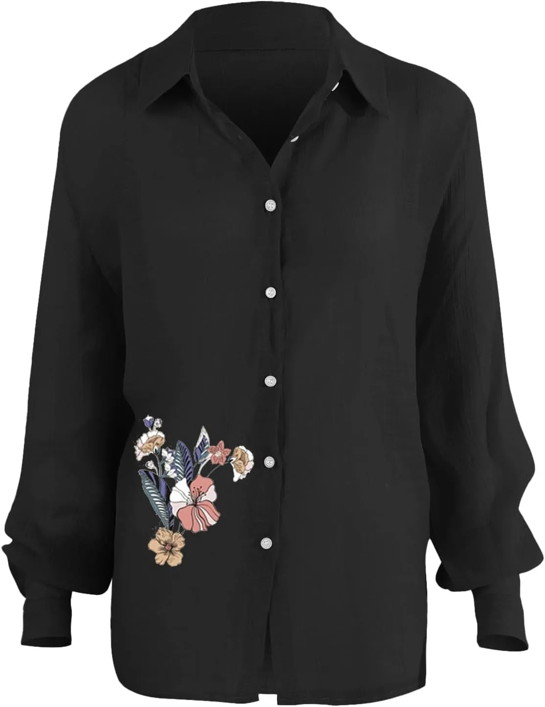 Linen Shirts for Women Summer Boho Floral Print Tops Elegant V Neck Button Casual Cotton Linen T Shirt Long Sleeve