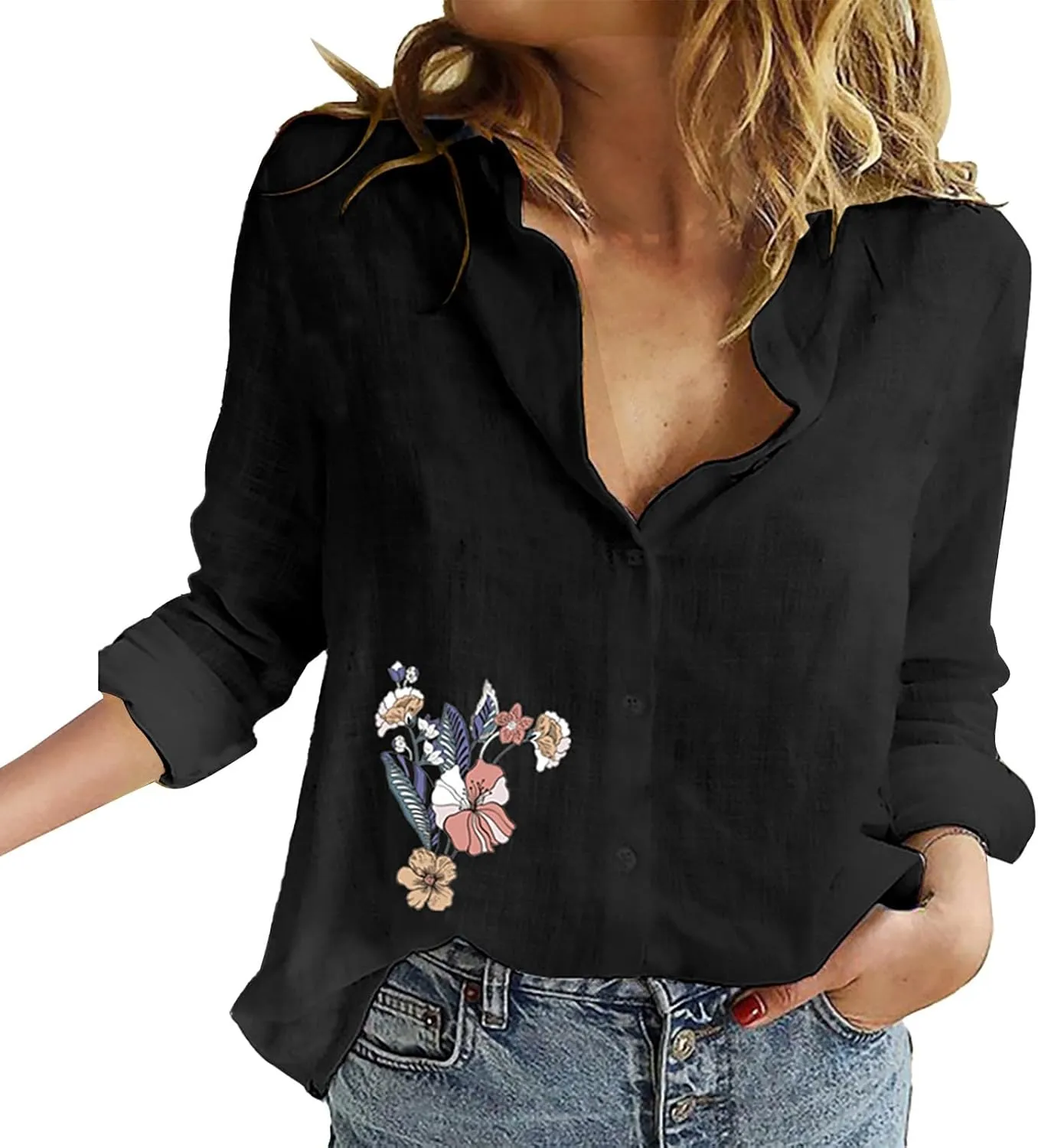 Linen Shirts for Women Summer Boho Floral Print Tops Elegant V Neck Button Casual Cotton Linen T Shirt Long Sleeve