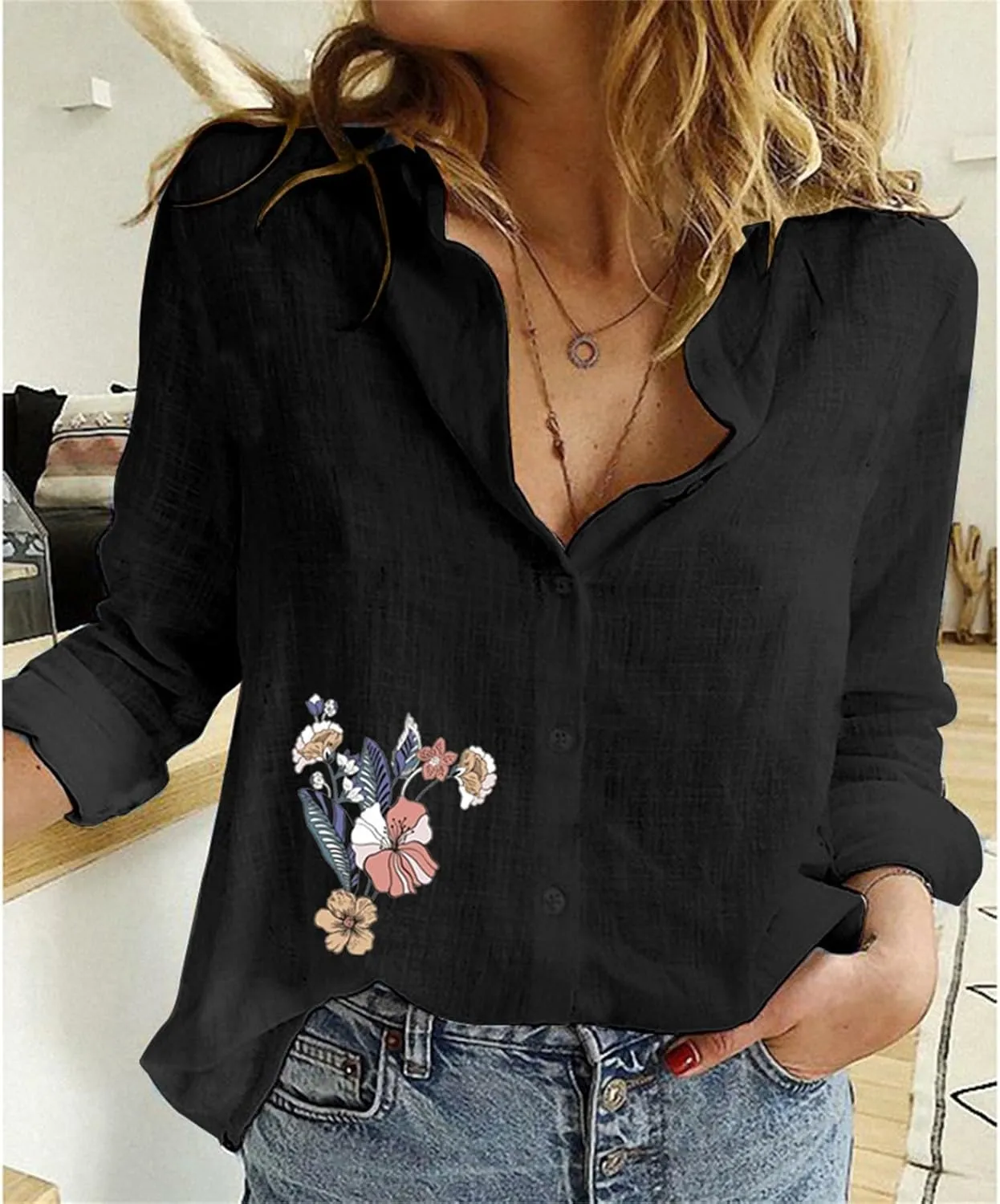 Linen Shirts for Women Summer Boho Floral Print Tops Elegant V Neck Button Casual Cotton Linen T Shirt Long Sleeve