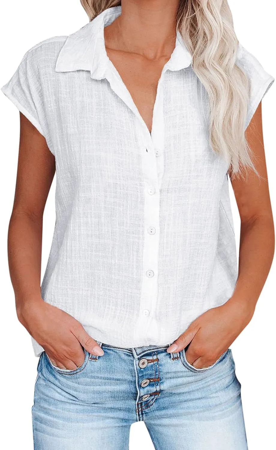 Linen Shirts for Women Summer Button Down Cap Sleeve Shirts Casual Loose Solid V Neck Tops Business Casual Blouses