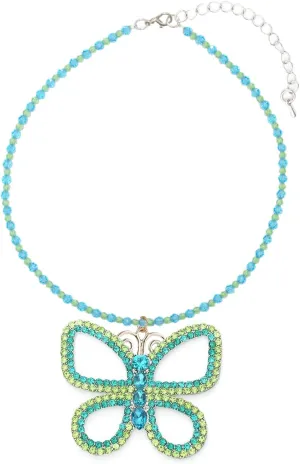 LIU JUN Large Butterfly Necklace for Women, Big 2.5" x 3" Green Butterfly Pendant Sparkly Y2K Charm Choker Elegant Costume Gift Jewelry