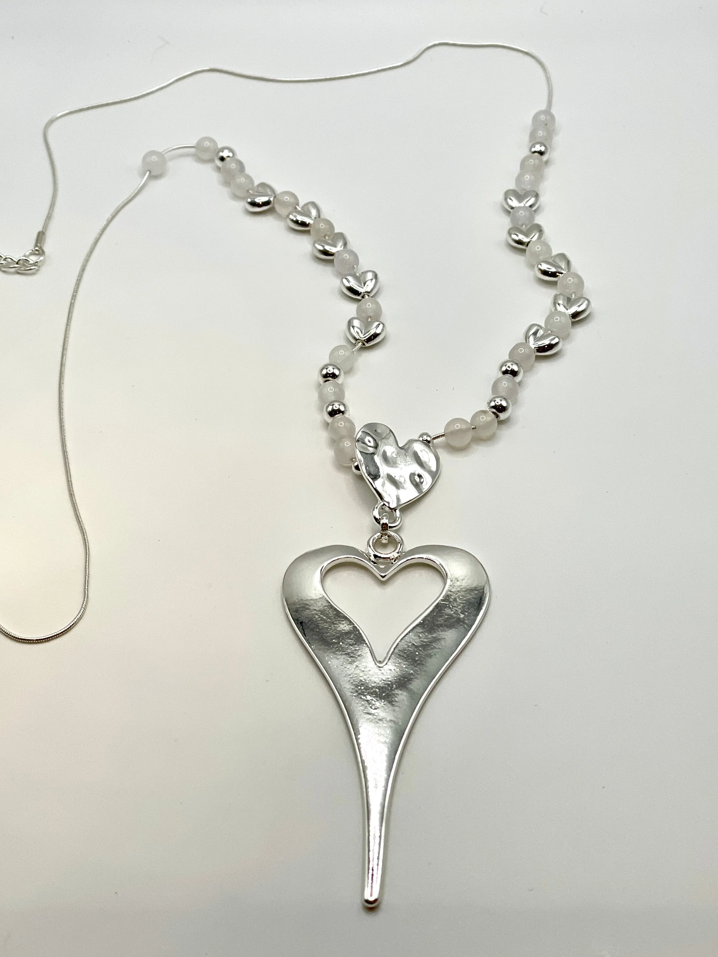 Long Abstract Silver and White Bead Heart Necklace